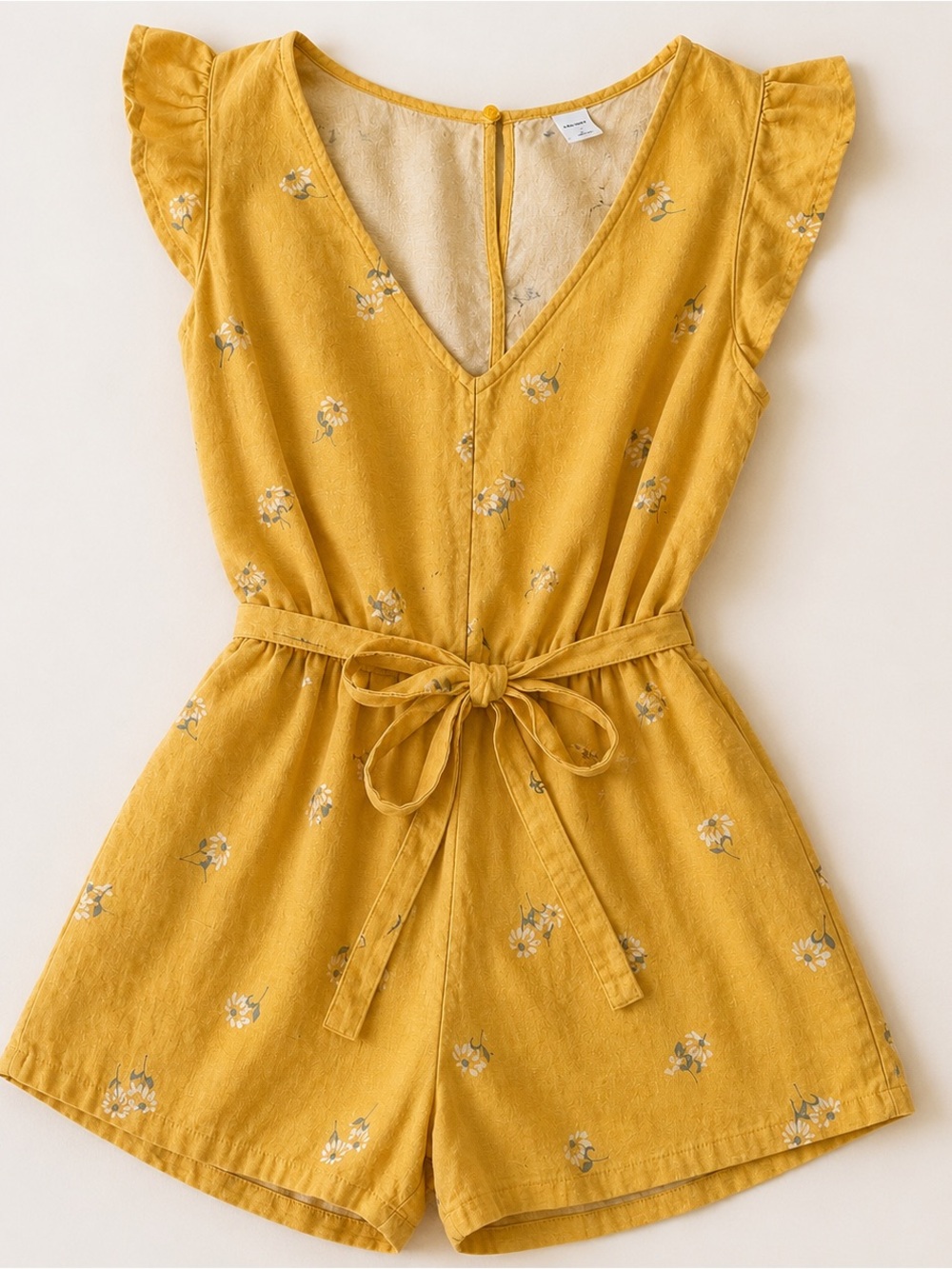 Old Navy Yellow Floral Linen Blend Romper Tie Waist Flutter Sleeve Small